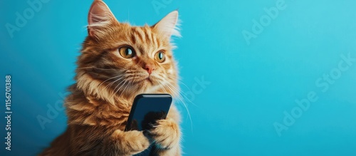 Ginger cat holding smartphone against blue backdrop showcasing virtual veterinary services with space for text or branding. photo