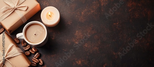 Gift Set Arrangement of Coffee and Candles on Rustic Table with Space for Personalization or Promotional Text photo