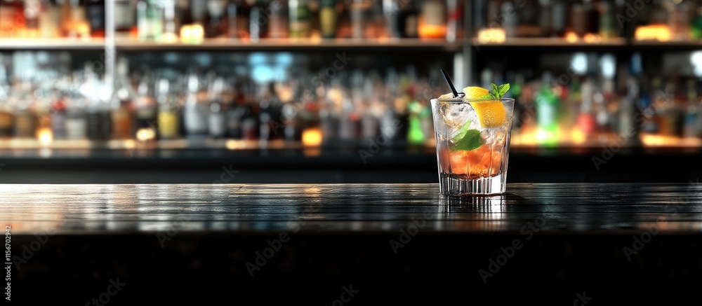 Refreshing gin and tonic cocktail in glass on bar with illuminated background and ample space for custom text or branding Refreshing gin and tonic cocktail in glass on bar with illuminated background and ample space for custom text or branding