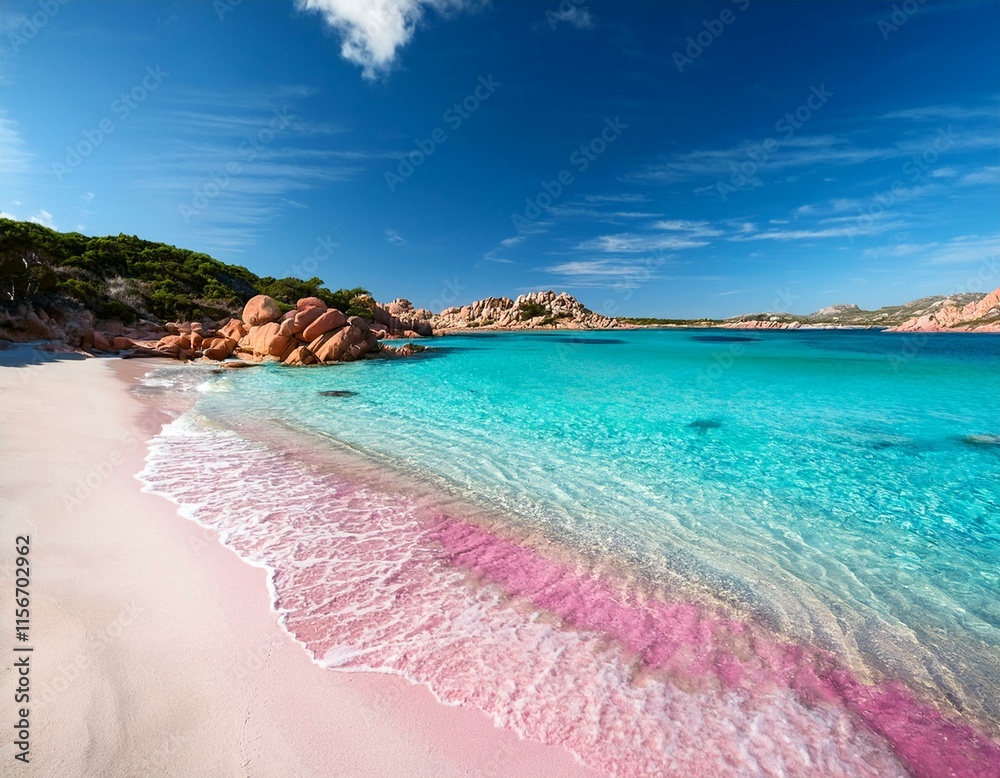 Naklejka premium Tropical pink beach with blue ocean. Komodo islands. Vacation in Indonesia concept