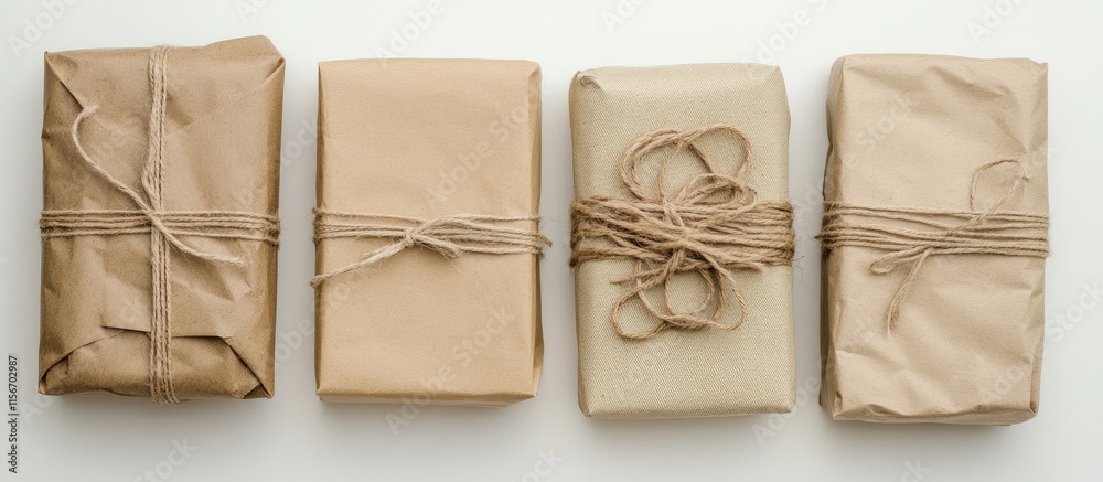 Obraz premium Kraft paper gift wrapping with twine arranged in a row and empty space for personalized text and holiday greetings