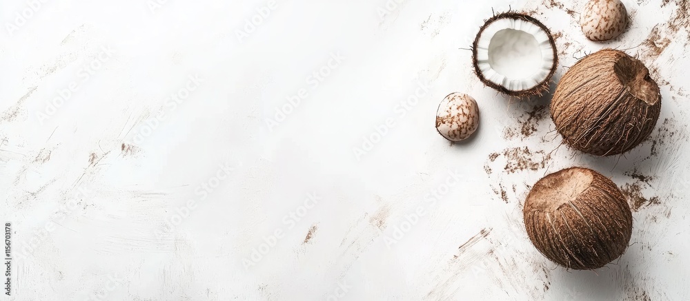 Obraz premium Coconuts arranged on a marble surface with space for text showcasing fresh tropical fruit for culinary and health themes