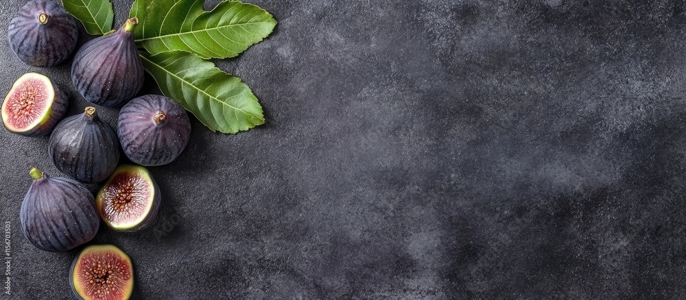 Fototapeta premium Fresh black figs with green leaves on dark textured background featuring blank space for customizable text or product description.