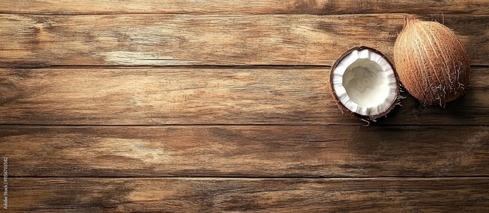 Fresh Coconut Halved on Rustic Wooden Surface Natural Light Brown Tones Empty Space for Text or Branding Design Fresh Coconut Halved on Rustic Wooden Surface Natural Light Brown Tones Empty Space for Text or Branding Design