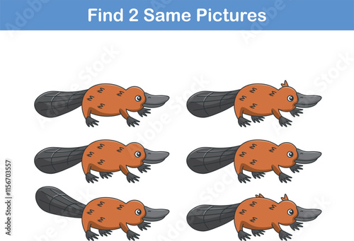 Funny cartoon platipus. Find two same pictures. Educational game for children. Cartoon vector illustration