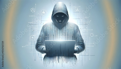 Hacker A clean, modern hacker icon of a figure typing on a laptop, isolated on a white background, with dig3 photo