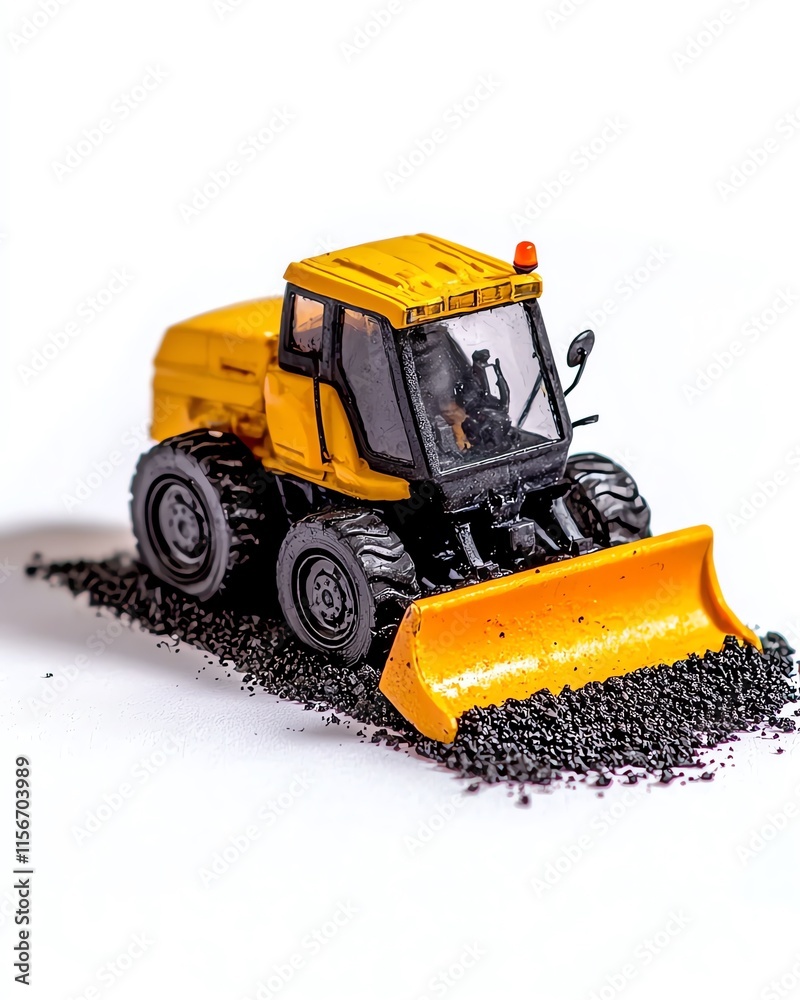 Obraz premium A yellow model bulldozer toy on a white background, demonstrating its construction features and detailed design, perfect for collectors and enthusiasts.