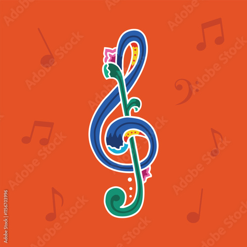 VECTORS. Music note (treble clef) in traditional Costa Rican painting style, Ox cart design style