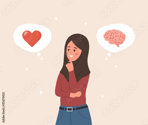 Balance between Heart and Brain. Emotional Intelligence concept. Arab Female character in hijab Choosing between Feelings and Mind. Vector illustration in flat cartoon style.