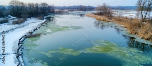 Winter River Scene with Green Algae Pollution Evoking Exotic Tropical Vacation and Empty Copy Space for Environmental Awareness Text