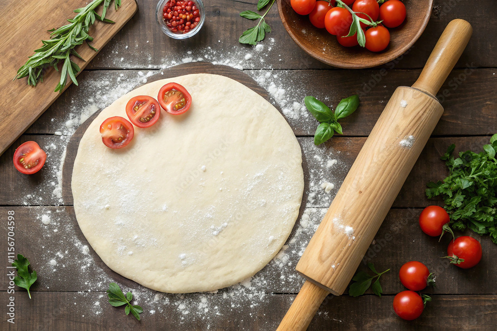 Pizza dough with tomatoes, and herbs with a rolling pin. On wooden background. Top view Pizza dough with tomatoes, and herbs with a rolling pin. On wooden background. Top view