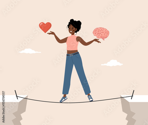 Balance between Brain and Heart. Control feeling and emotion concept. African Woman tries to balance between instinct or intellect. Vector illustration in flat cartoon style.