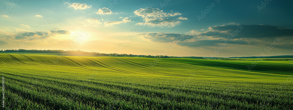 Obraz premium The far-flung farm, bathed in the warm glow of sunset, stretches across the horizon.
