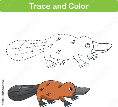 Handwriting Practice. Tracing lines and coloring platipus for children. Vector Illustration