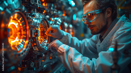Team of scientists operating and monitoring a highly technical fusion reactor experiment in a cutting-edge research facility.