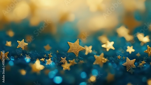 Golden stars scattered on a teal glitter background, creating a magical, festive atmosphere.