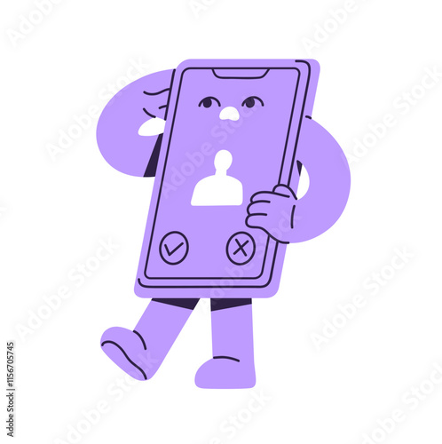 Worried smartphone mascot communicates by cellular. Confused telephone talks on the phone. Cellphone character with incoming call from unknown on screen. Flat isolated vector illustration on white