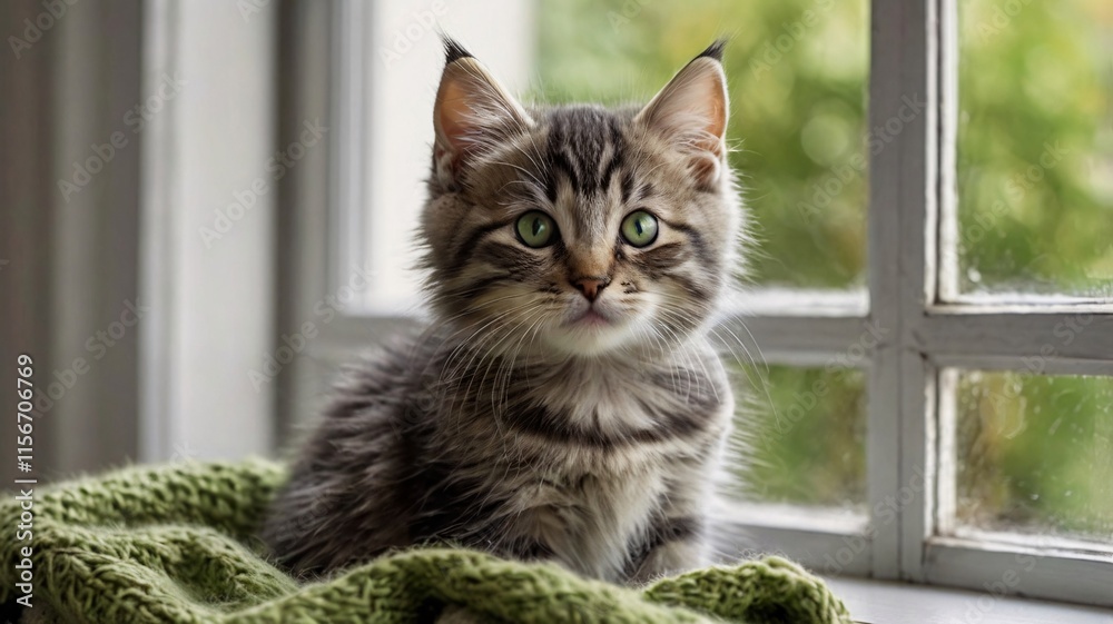 Adorable Gray Tabby Kitten on a Cozy Windowsill Adorable Gray Tabby Kitten on a Cozy Windowsill