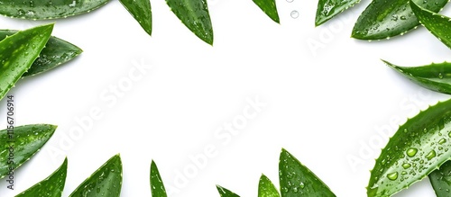 Fresh aloe vera leaves with moisture droplets framed around white space ideal for health and wellness product promotions or botanical backgrounds photo