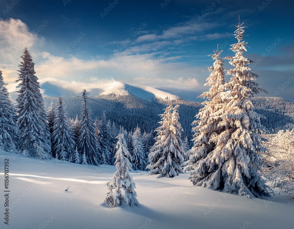 Obraz premium Fantastic sunrise in the mountains. Fresh snow covered slopes and fir trees in Carpathian mountains, Ukraine, Europe. Ski tour on untouched snowy hills. Beauty of nature concept background.