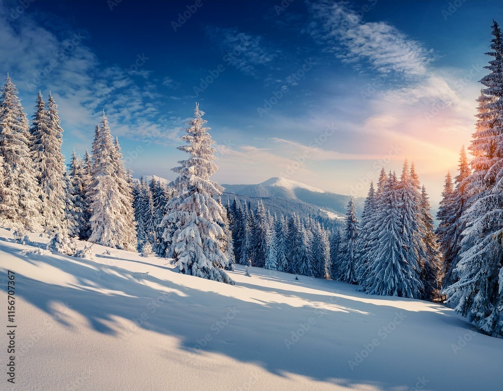 Fantastic sunrise in the mountains. Fresh snow covered slopes and fir trees in Carpathian mountains, Ukraine, Europe. Ski tour on untouched snowy hills. Beauty of nature concept background.