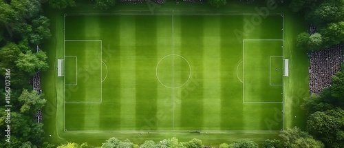 Aerial view of soccer field surrounded by trees.