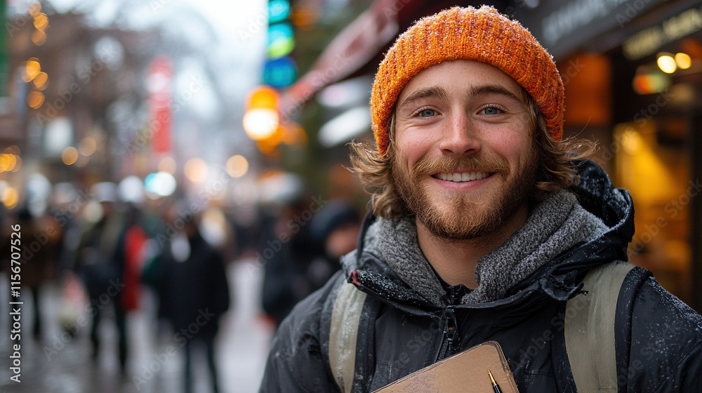 A smiling man in a winter setting, holding a notebook amidst a bustling street. A smiling man in a winter setting, holding a notebook amidst a bustling street.