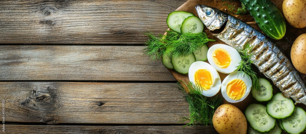 Fresh boiled potatoes fried mackerel eggs and cucumbers on rustic wooden background with space for text or recipe ideas Fresh boiled potatoes fried mackerel eggs and cucumbers on rustic wooden background with space for text or recipe ideas