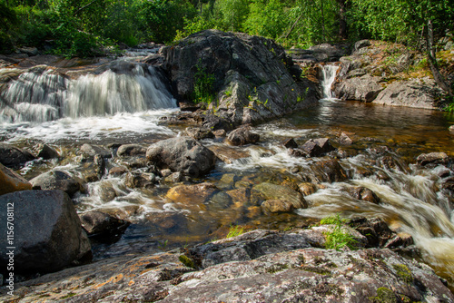 Norwegian mountain river with fast flowing clear and sparkling water and a waterfall that forms white foam on rocks surrounded by green coniferous trees. Sunny summer day.