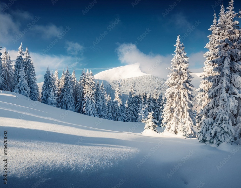 Obraz premium Fantastic sunrise in the mountains. Fresh snow covered slopes and fir trees in Carpathian mountains, Ukraine, Europe. Ski tour on untouched snowy hills. Beauty of nature concept background.