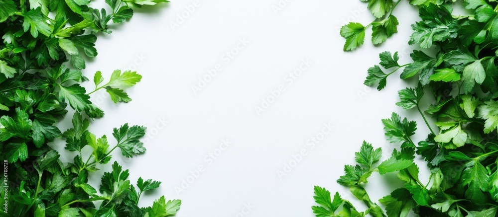 Obraz premium Fresh cilantro leaves arranged on a white background creating a vibrant and clean space perfect for adding text or graphics.