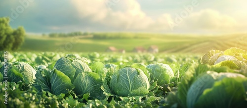 Sunlit cabbage field with lush greenery and vibrant vegetables perfect for agricultural themes and promotional banners photo