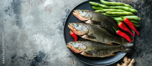 Fresh catfish and assorted vegetables like okra ginger garlic and chili arranged on a plate for a traditional meal with space for text photo