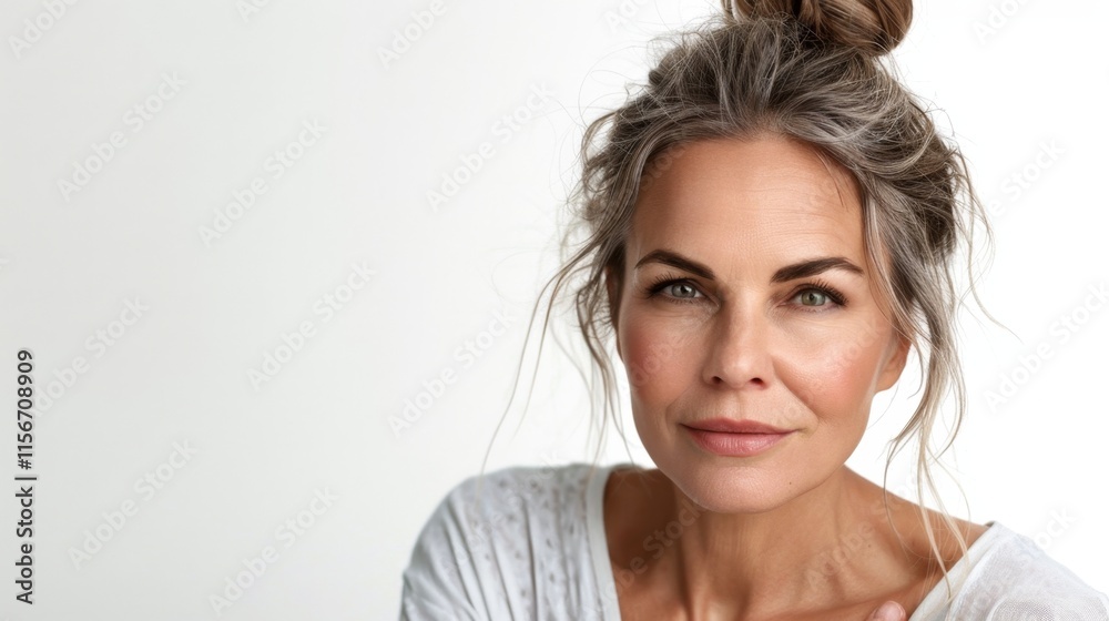 studio shot of beautiful caucasian woman 50-60 years old with gray hair model appearance on white background, copyspace studio shot of beautiful caucasian woman 50-60 years old with gray hair model appearance on white background, copyspace