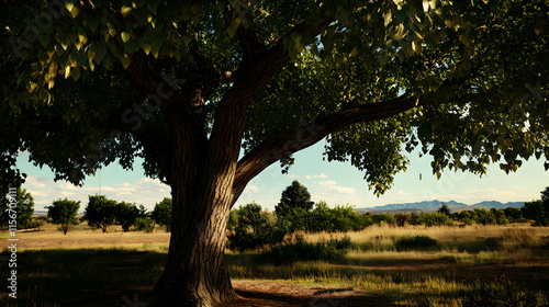 Majestic Tree with Chiming Leaves in a Peaceful Meadow