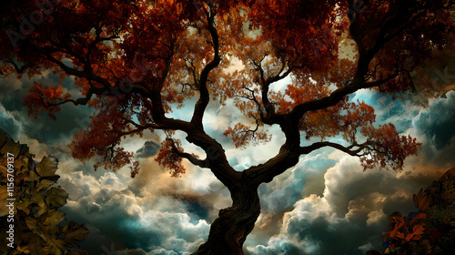 Majestic Tree with Fiery Foliage Against a Dramatic Sky