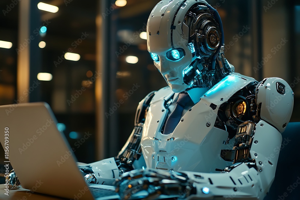 Fototapeta premium Robot using laptop. Artificial intelligence, future technology concept.