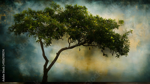 Solitary Tree with Softly Chiming Leaves Against a Painted Backdrop