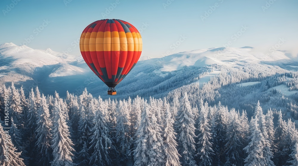Hot Air Balloon Soaring Over Snowy Mountain Forest Hot Air Balloon Soaring Over Snowy Mountain Forest