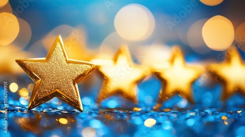 Golden stars on a glittering blue background with bokeh lights.