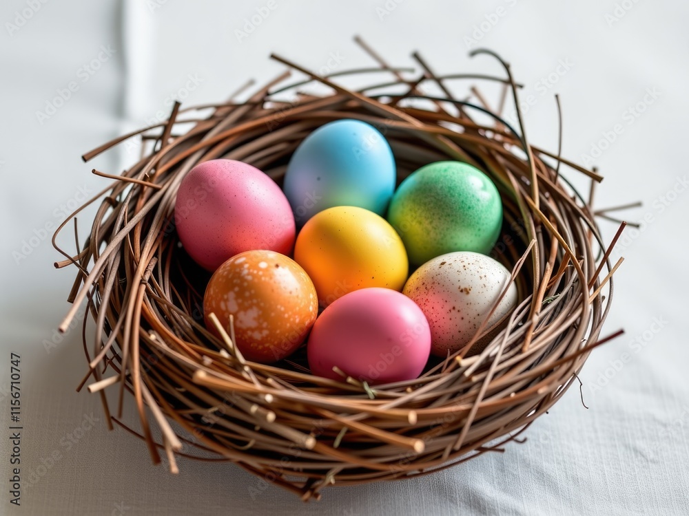 Obraz premium Colorful Easter Eggs in Rustic Nest Spring Holiday Decor