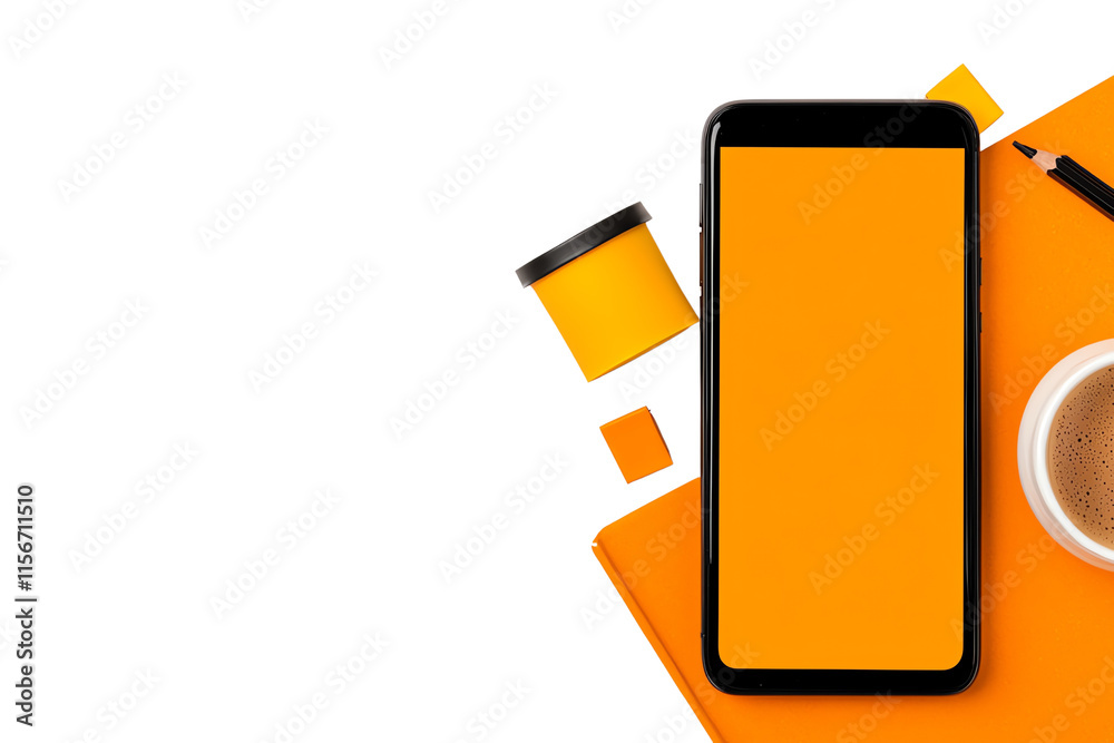 A smartphone rests on a bright orange surface, accompanied by a cup of coffee, stationery, and a notepad, creating a vibrant workspace. A smartphone rests on a bright orange surface, accompanied by a cup of coffee, stationery, and a notepad, creating a vibrant workspace.