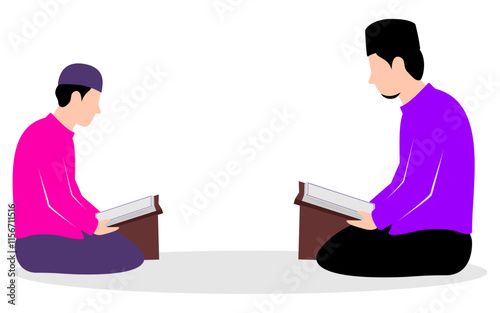 Flat Illustration of Muslim Men Reading Al Quran Together