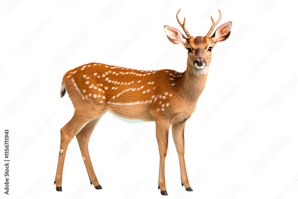 Obraz premium A young deer with a spotted coat and small antlers stands confidently, showcasing its graceful form and alert posture.