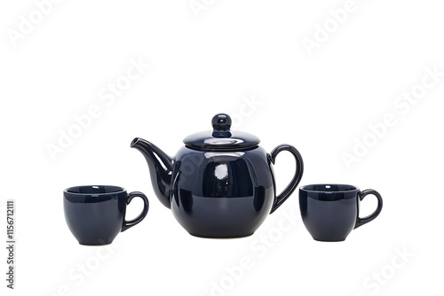 A glossy navy teapot accompanied by two matching cups, elegantly designed for serving tea.