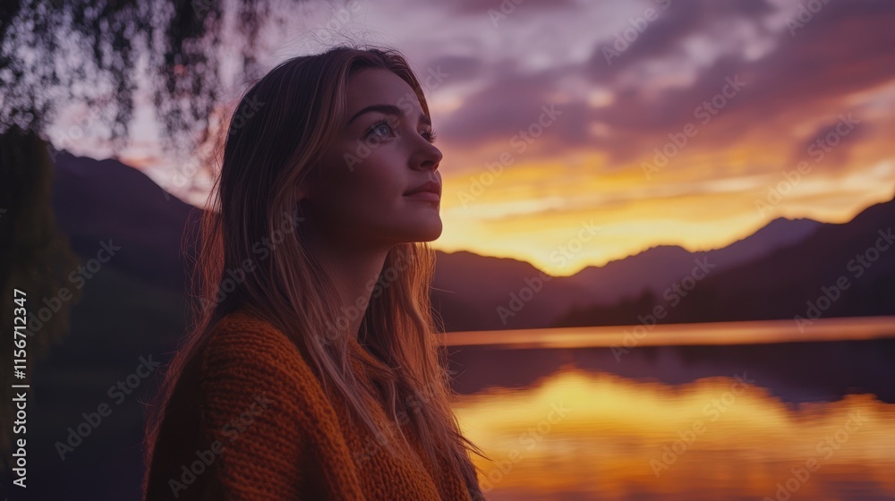 Fototapeta premium A woman gazes at the tranquil lake during a vibrant sunset, reflecting on the beauty of nature and life around her.
