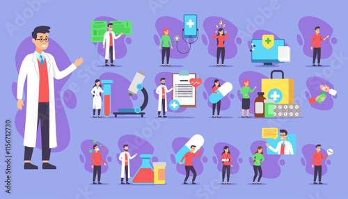 Doctors and patients vector illustrations set. Cartoon drawings of people suffering from ache, taking pills and getting online consultation. Medicine and healthcare concept