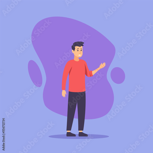 Man suffering from dermal allergy vector illustration. Cartoon drawing of sad boy itching hand. Allergy, disease and healthcare concept