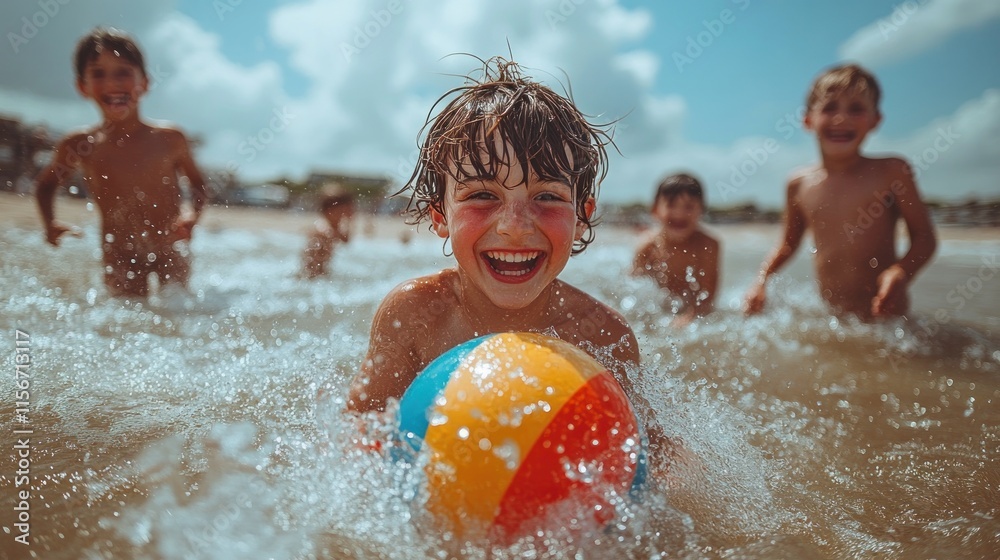 Children joyfully playing in the water with a beach ball on a sunny day. Children joyfully playing in the water with a beach ball on a sunny day.