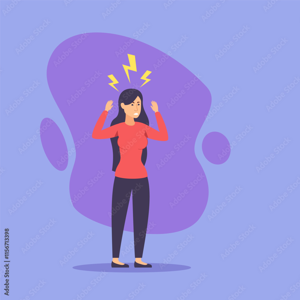 Woman suffering from terrible headache vector illustration. Sad girl touching head, experiencing stress. Healthcare, illness, depression and personal burnout concept Woman suffering from terrible headache vector illustration. Sad girl touching head, experiencing stress. Healthcare, illness, depression and personal burnout concept